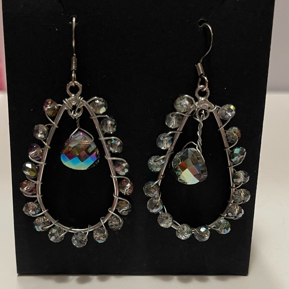 Artisan Silver Tone Wire Wrapped Smoky Crystal Drop Hoop Earrings - Picture 2 of 7